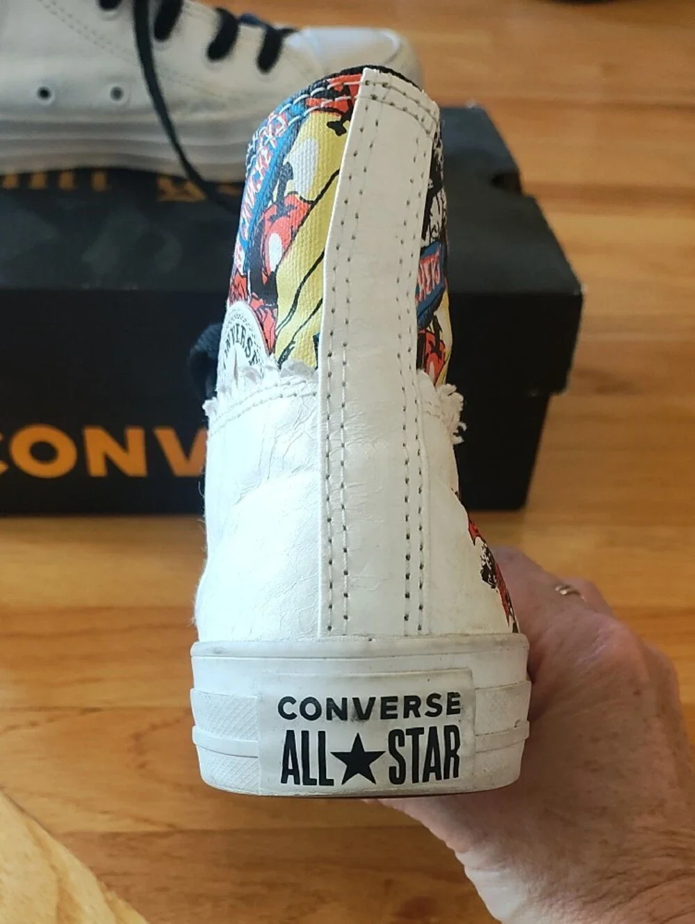 Converse White High Top Sneakers with Multicolor Graphic Collar and Black Laces - Picture 5 of 8